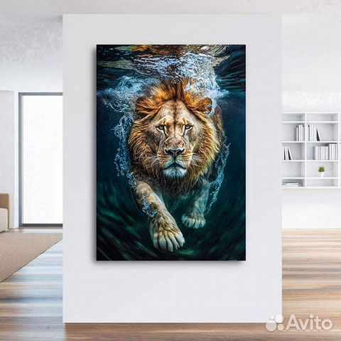Картина маслом лев под водой