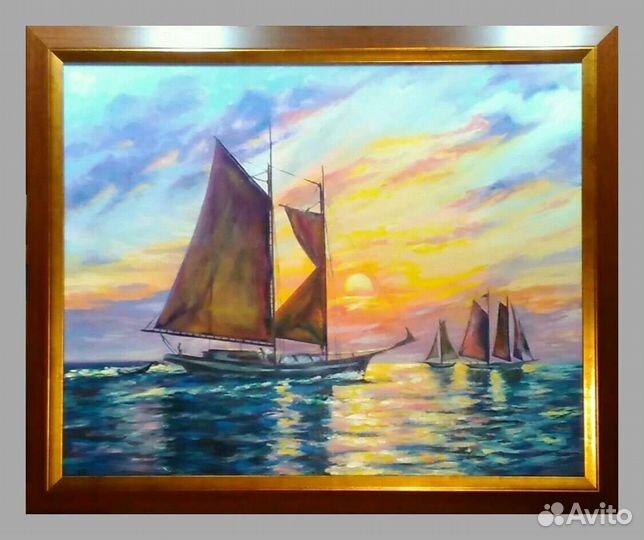 Картина маслом. Парусники на закате