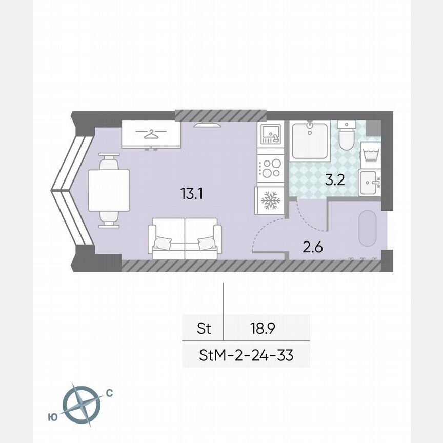 Квартира-студия, 18,9 м², 32/43 эт.