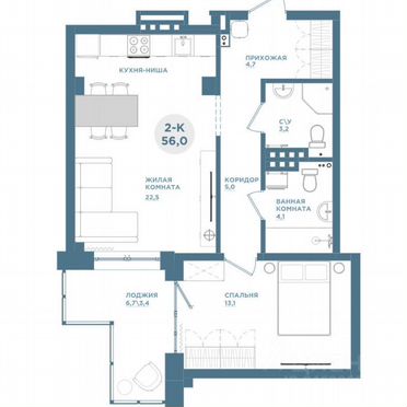 2-к. квартира, 56 м², 12/19 эт.