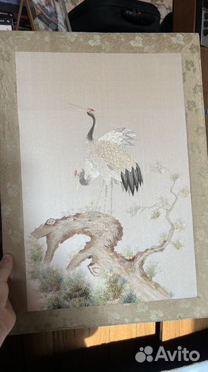 Картина винтаж журавли шелк вышивка