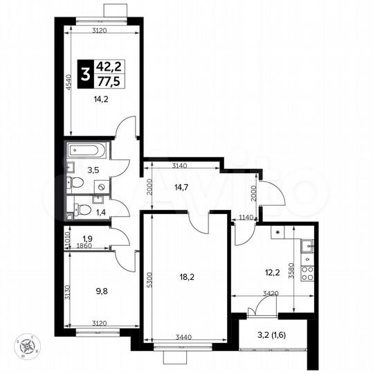 3-к. квартира, 77,5 м², 14/20 эт.