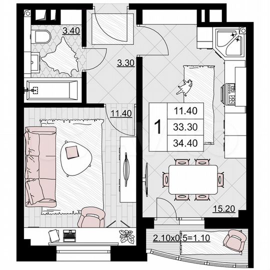 1-к. квартира, 34,4 м², 2/9 эт.