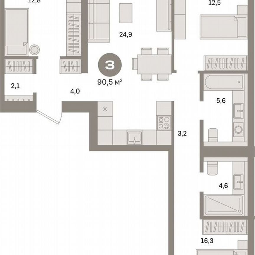 3-к. квартира, 90,5 м², 5/16 эт.