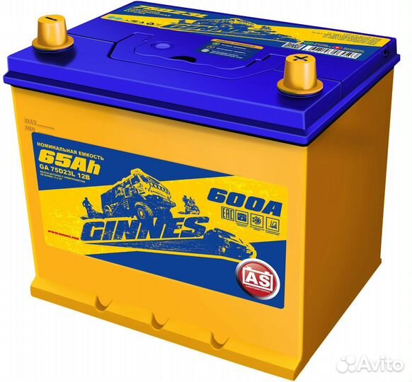 Аккумулятор авто ginnes Asia 6CT-65.0 75D23L