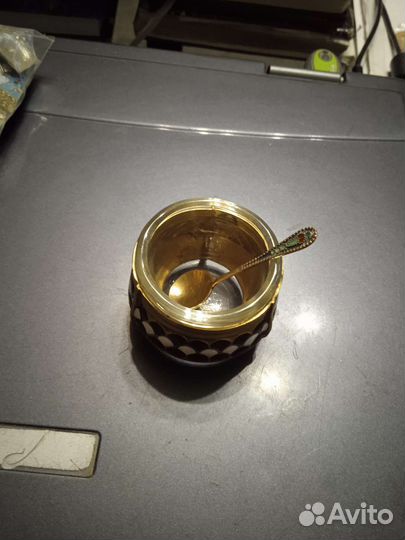 Солонка мельхиор СССР с серебряной ложечкой