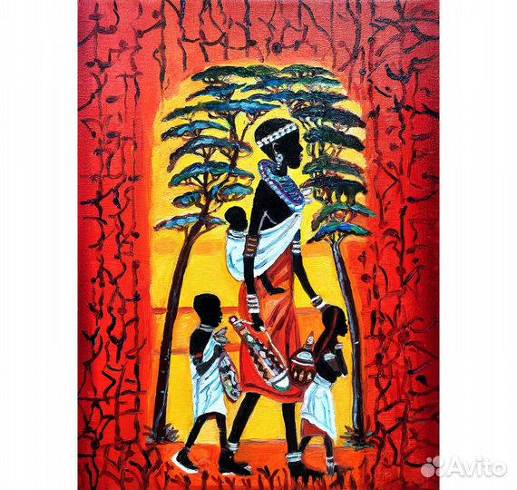 Картина маслом Африканка с детьми холст 40на30см