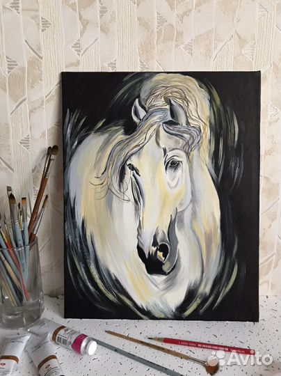 Картина маслом белая лошадь