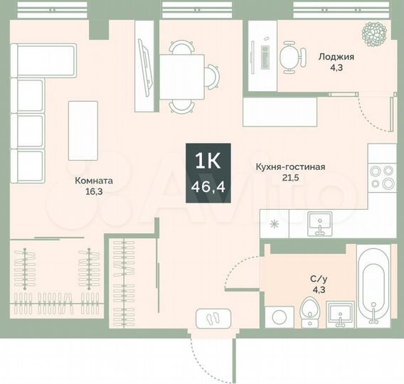 1-к. квартира, 46,4 м², 1/17 эт.