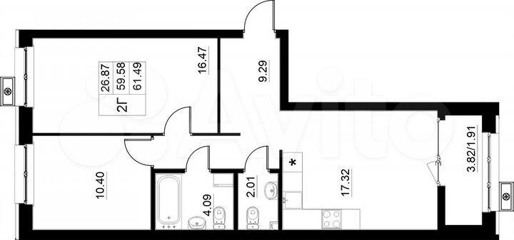 2-к. квартира, 61,5 м², 6/15 эт.