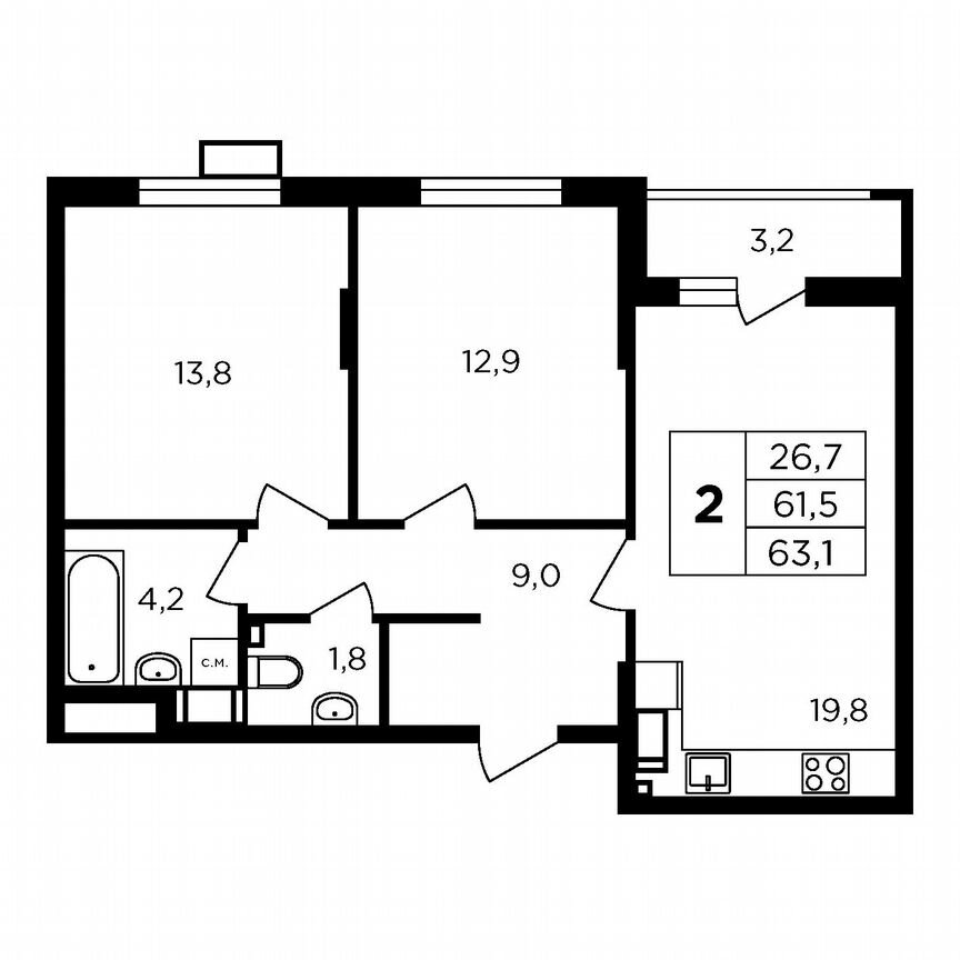 2-к. квартира, 65 м², 9/9 эт.