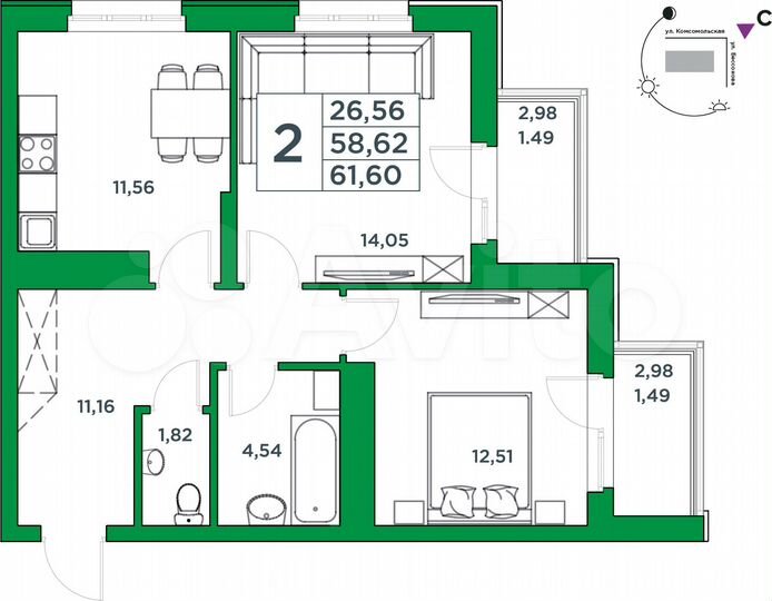 2-к. квартира, 58,6 м², 4/24 эт.