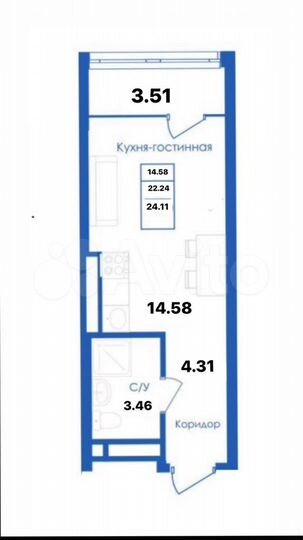 Квартира-студия, 24,1 м², 22/25 эт.