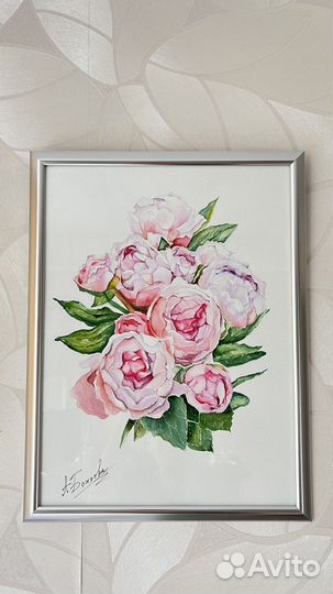 Картина Пионы 40х30, рама. бумага, акварель