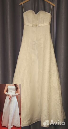 Свадебное платье, высокая талия, кружево, шампань