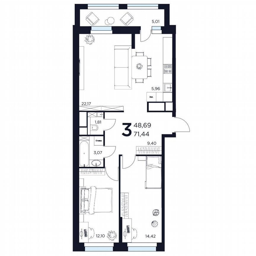 3-к. квартира, 71,4 м², 2/15 эт.