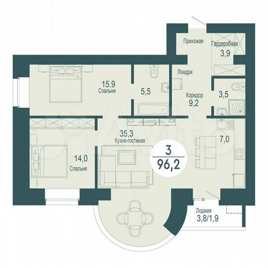 3-к. квартира, 96,2 м², 16/17 эт.