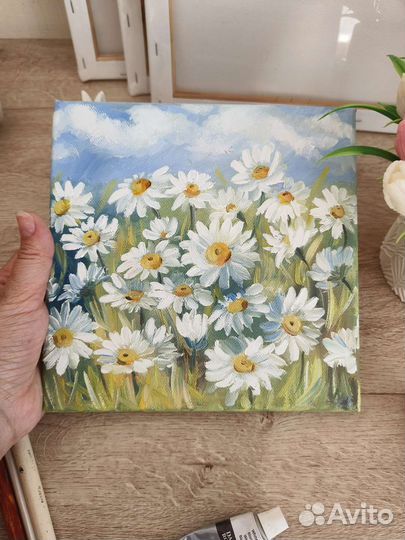 Картина Ромашки маслом на холсте 20х20 см