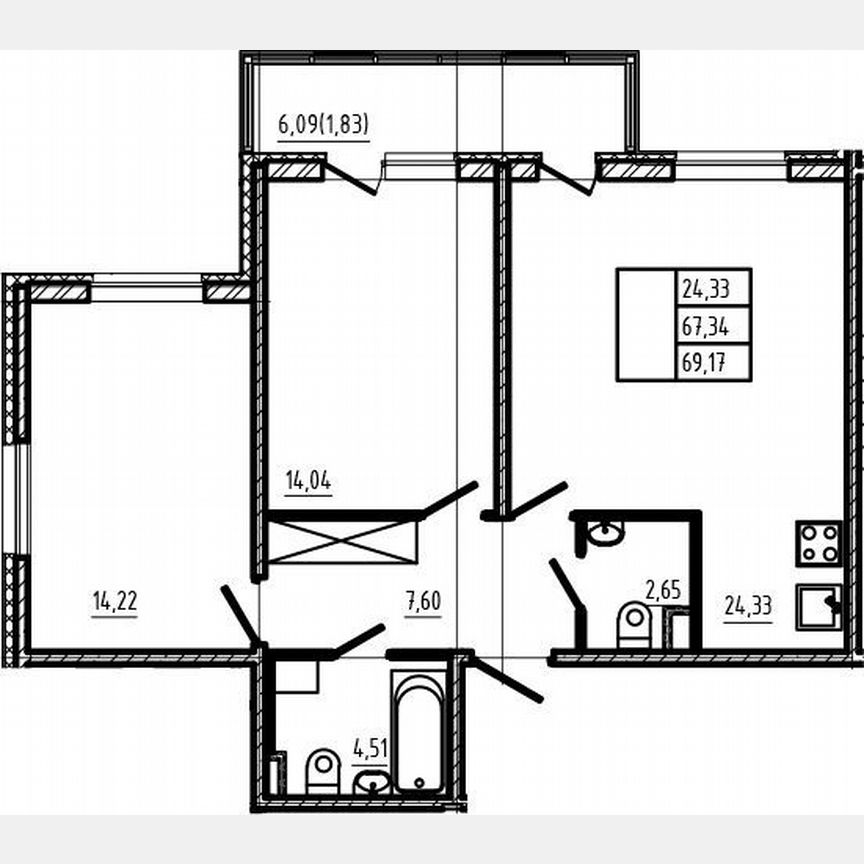 3-к. квартира, 67,3 м², 1/4 эт.