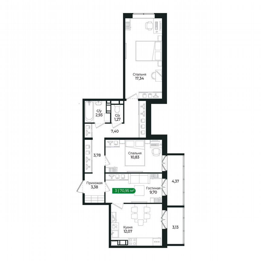 3-к. квартира, 71 м², 6/8 эт.