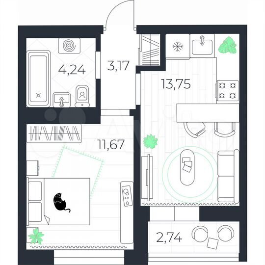 1-к. квартира, 34,2 м², 2/14 эт.