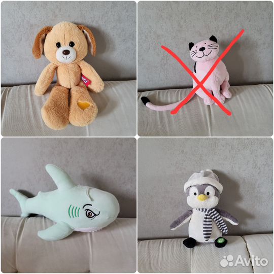 Мягкие игрушки пингвин кот акула собака плюшевые