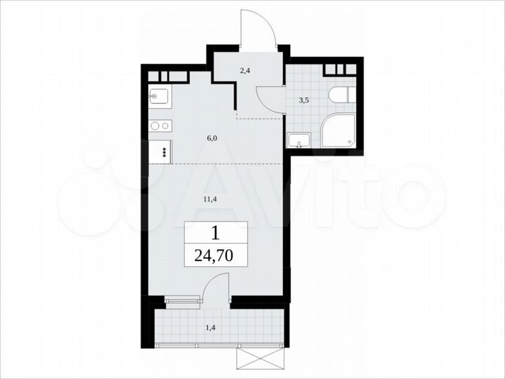 Квартира-студия, 24,7 м², 6/9 эт.