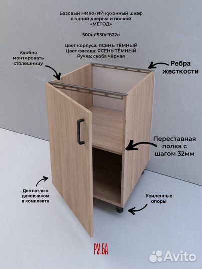 Базовый нижний кухонный шкаф с одной дверью и полк