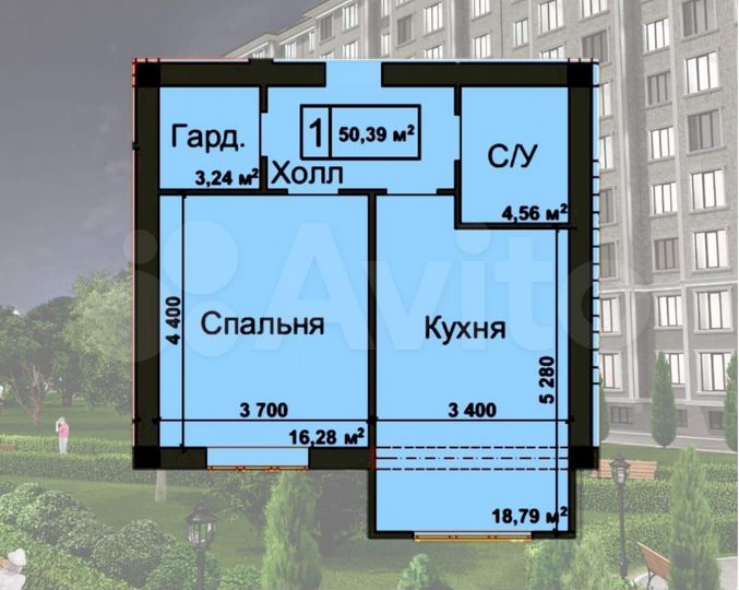 1-к. квартира, 50,4 м², 6/10 эт.