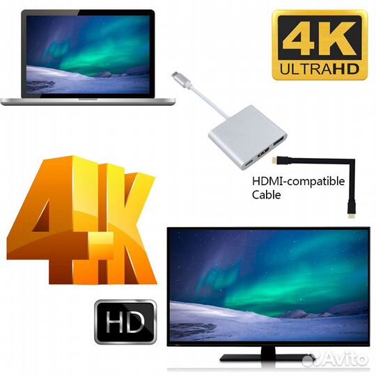 Адаптер с USB-C на hdmi 4K + USB3.0 + Type C