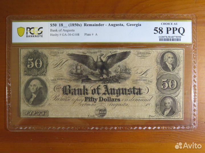 Банкнота 1850 года Джорджия слаб pcgs 58 PPQ