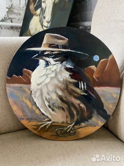 Картина маслом на холсте с животным круглая