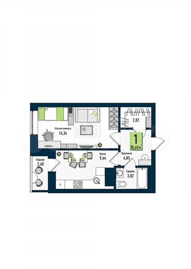 1-к. квартира, 35,7 м², 5/17 эт.