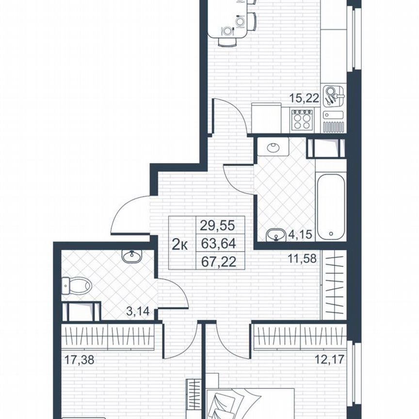 2-к. квартира, 63,6 м², 5/9 эт.