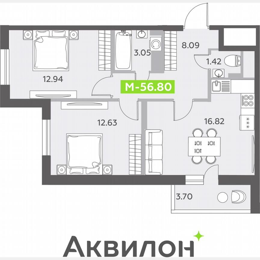 2-к. квартира, 56,8 м², 12/12 эт.