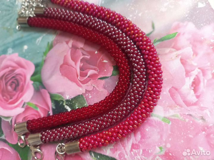 Браслет красный, браслет бордовый из бисера