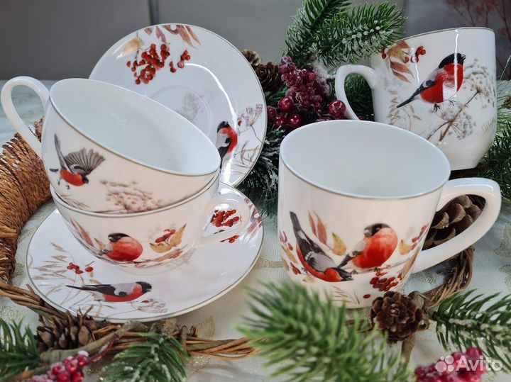 Чайные пары и кружки Снегири тонкий фарфор
