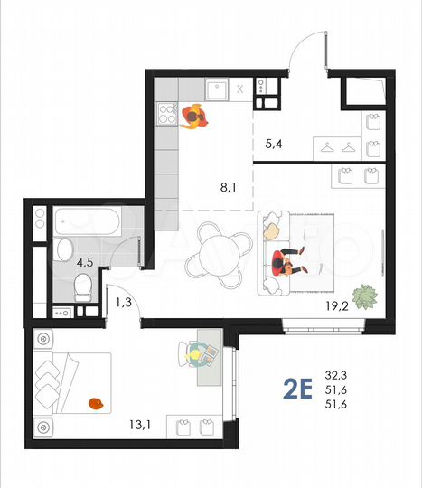 2-к. квартира, 51,6 м², 4/6 эт.