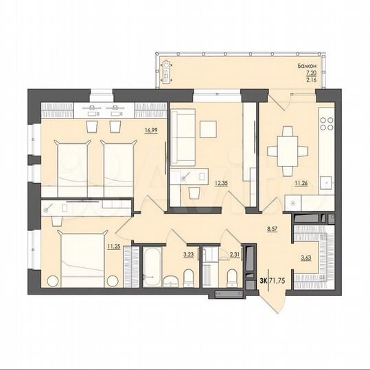 3-к. квартира, 71,8 м², 2/25 эт.