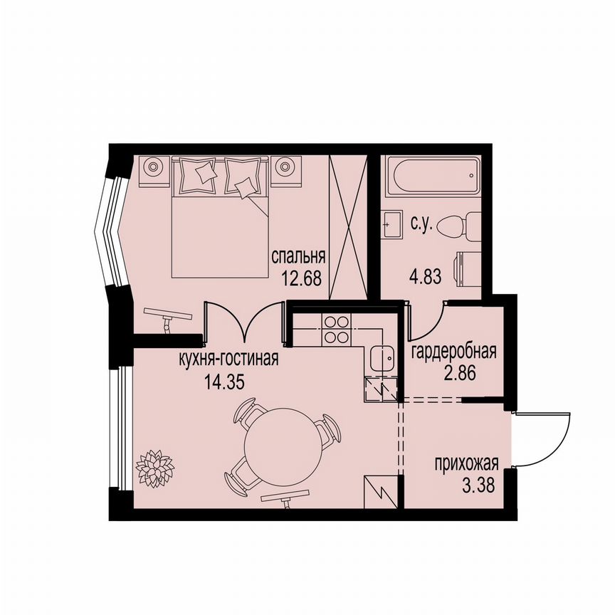 1-к. квартира, 38,1 м², 2/12 эт.