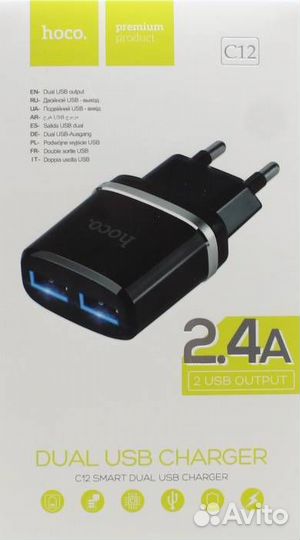 Зарядное устройство USB 2A, 2 USB hoco C12 (черный