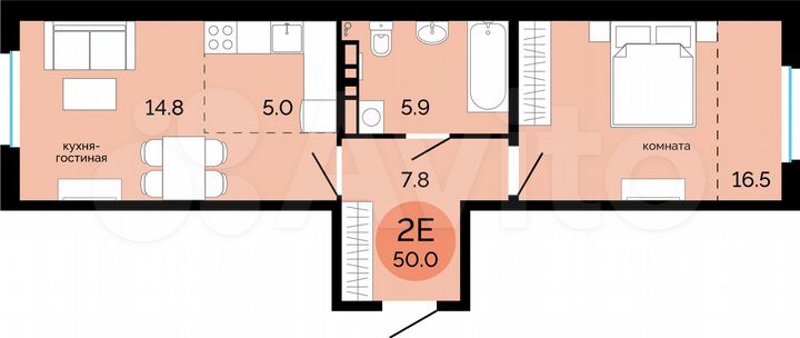 2-к. квартира, 50 м², 3/17 эт.
