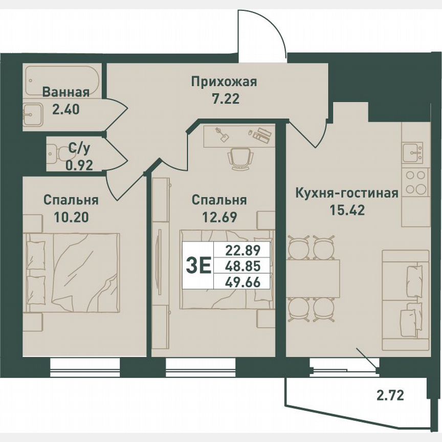 3-к. квартира, 49,7 м², 12/16 эт.