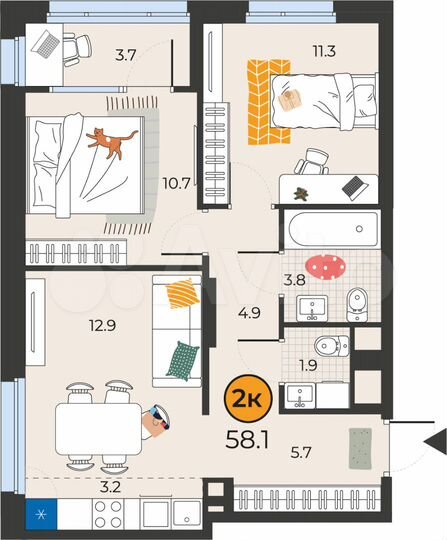 2-к. квартира, 58,2 м², 12/25 эт.