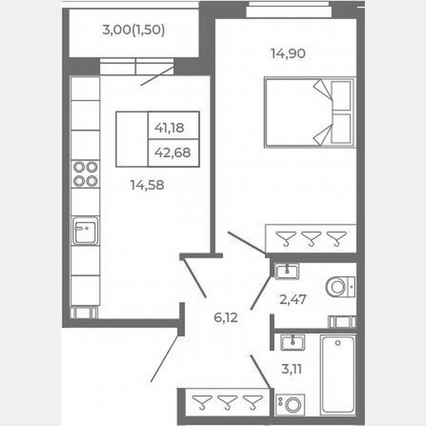1-к. квартира, 41,2 м², 1/4 эт.