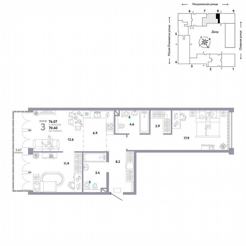 2-к. квартира, 72,1 м², 8/30 эт.