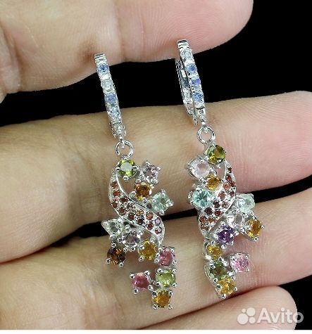 Серебряные серьги с турмалинами и сапфирами