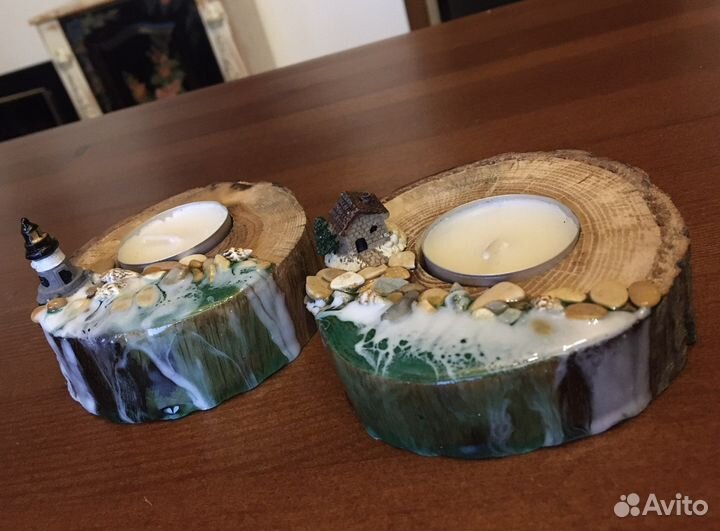Подсвечник дерево.Эпоксидная смола. Подарок. Свеча