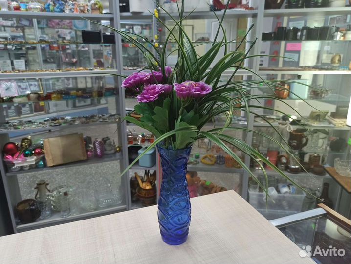 Советская Синяя Стеклянная Ваза Из СССР Ретро