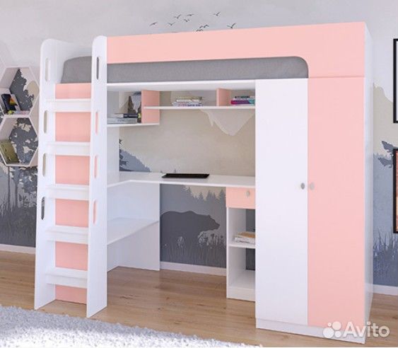 Кровать чердак со столом и шкафом Белый/Венге